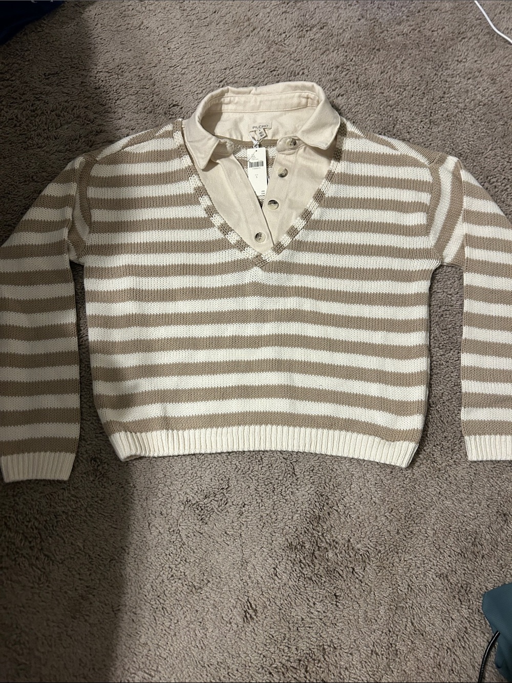 Pilcro Cream and Beige Striped V-Neck Sweater with Polo Collar
